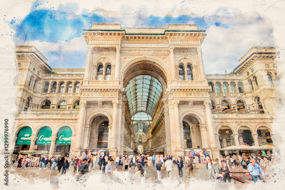 Fototapeta premium Galleria Vittorio Emanuele II in Milan, Italy in watercolor illustration style