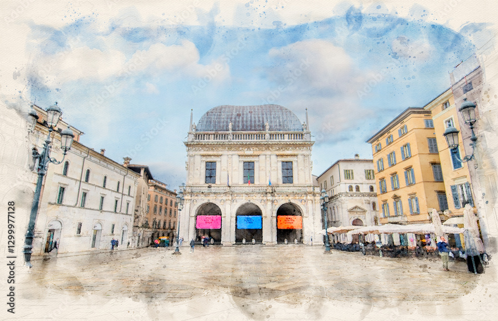 Fototapeta premium Comune di Brescia is the city or town hall on the Piazza della Loggia in Brescia, Italy in watercolor illustration style