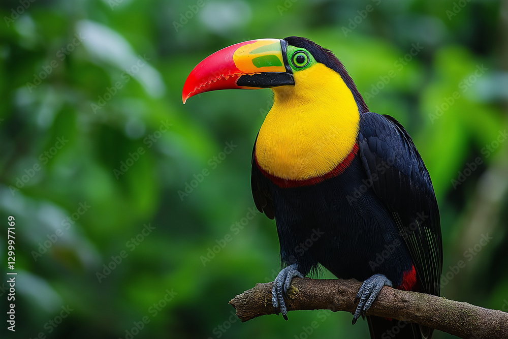 Obraz premium A colorful bird with black and yellow feathers, a red beak, green eyes, and a long tail is photographed in the rainforest. The background of trees creates an atmosphere of natural