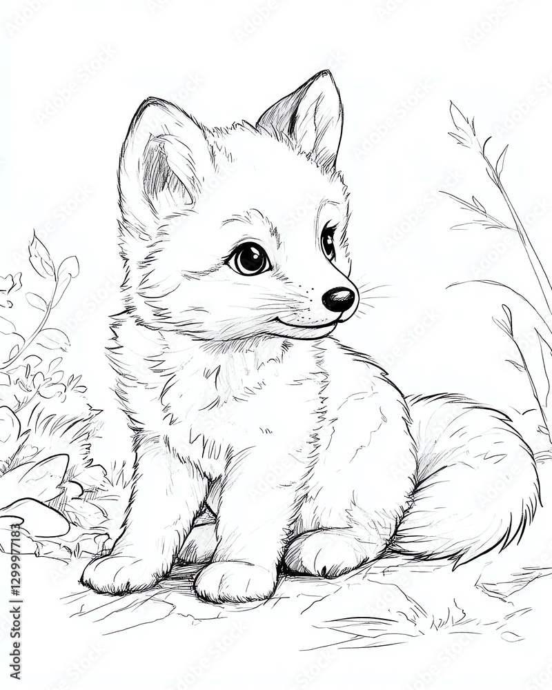 Obraz premium Kids' Coloring Book: Bold Line Art Illustrations for Fun and Creative Learning, Cute fox sketch surrounded by nature elements.