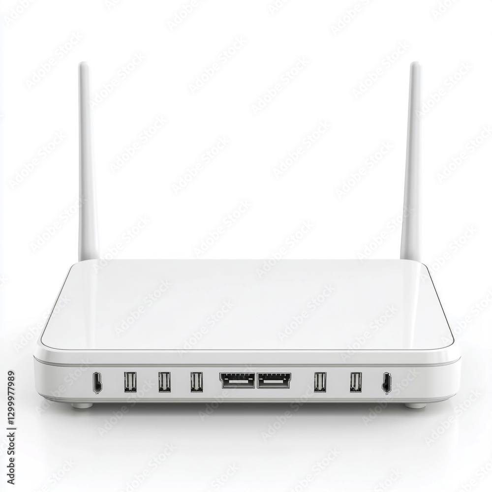 White Dual-Antenna Wireless Router on a White Background White Dual-Antenna Wireless Router on a White Background