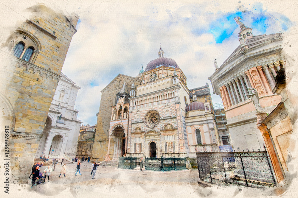 Fototapeta premium Basilica of Santa Maria Maggiore , the chapel Colleoni and the Duomo in Citta Alta in Bergamo, Italy in watercolor illustration style