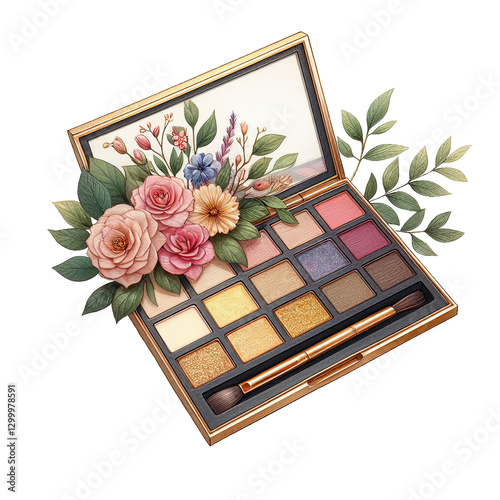 An eyeshadow palette with 15 shades in gold and earth tones, decorated with watercolor roses, lilies, and green leaves. Two makeup brushes in rose gold sit beside the palette, with floral artwork 