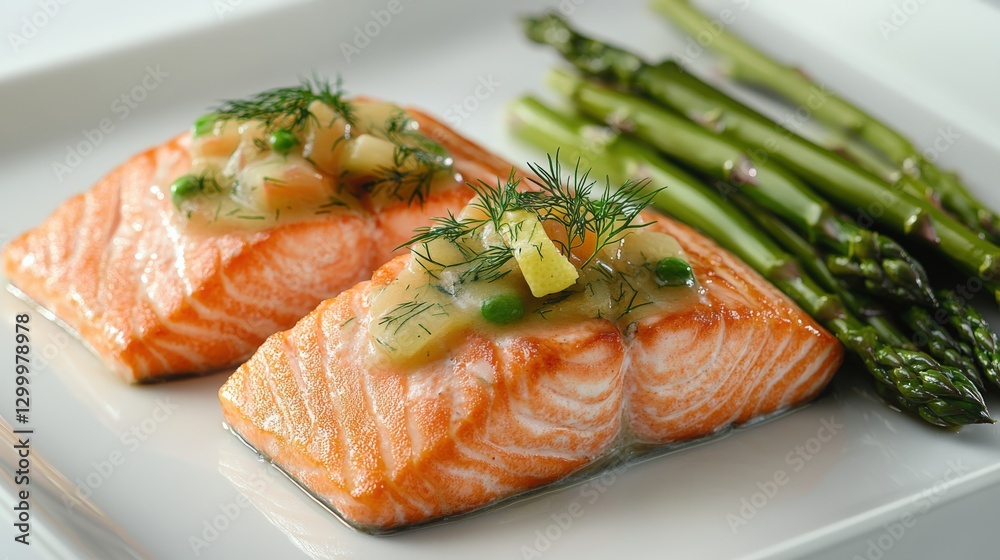 Delicious poached salmon with dill lemon sauce and asparagus on a modern plate Delicious poached salmon with dill lemon sauce and asparagus on a modern plate