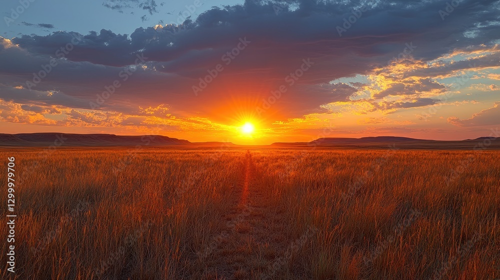 Obraz premium Vibrant sunset over a vast golden field with distant hills under a colorful sky