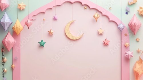Ramadan Kareem vector card, colorful design with vibrant stars, crescent moon, hanging lanterns, playful Arabic arch frame, soft pastel background
