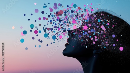 A burst of colorful speech bubbles emanating from a group of silhouettes, each bubble containing a unique idea or concept.