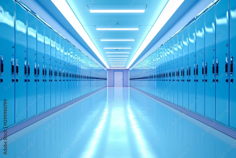 Fototapeta premium Bright and modern hallway lined with blue lockers leading to a closed door in a school environment
