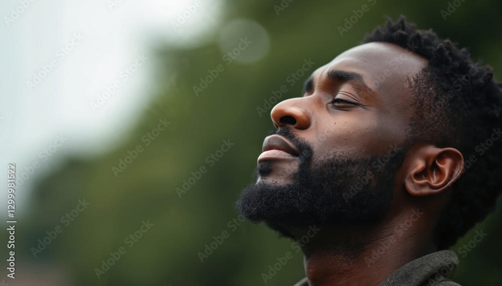 Thoughtful black African man with beard looks up at sky closing eyes in contemplation. He is relaxed, serene. Represents spirituality, worship, well-being, love, hope, faith, future, peace. Thoughtful black African man with beard looks up at sky closing eyes in contemplation. He is relaxed, serene. Represents spirituality, worship, well-being, love, hope, faith, future, peace.