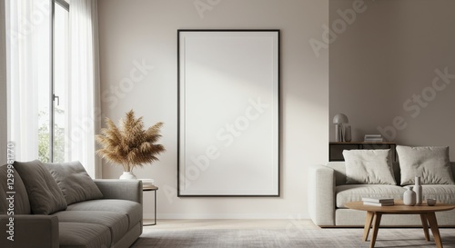 Modern Minimalist Living Room Interior Design with Blank Canvas for Artwork