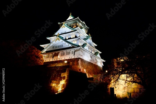 大阪城の夜景と紅葉