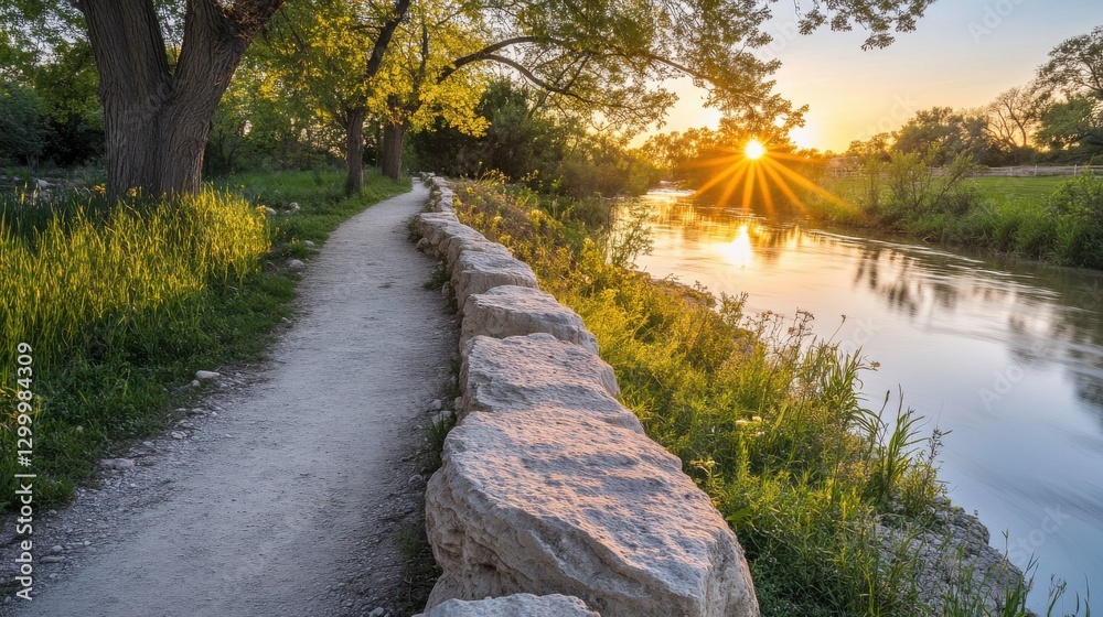 Inviting Trails Along a Serene River at Golden Hour Inviting Trails Along a Serene River at Golden Hour