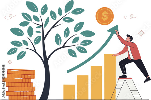 Investment growth compound interest, capital gain profit or wealth accumulation, increase pension fund or revenue, financial success, increase deposit value concept, businessman increase money stack.