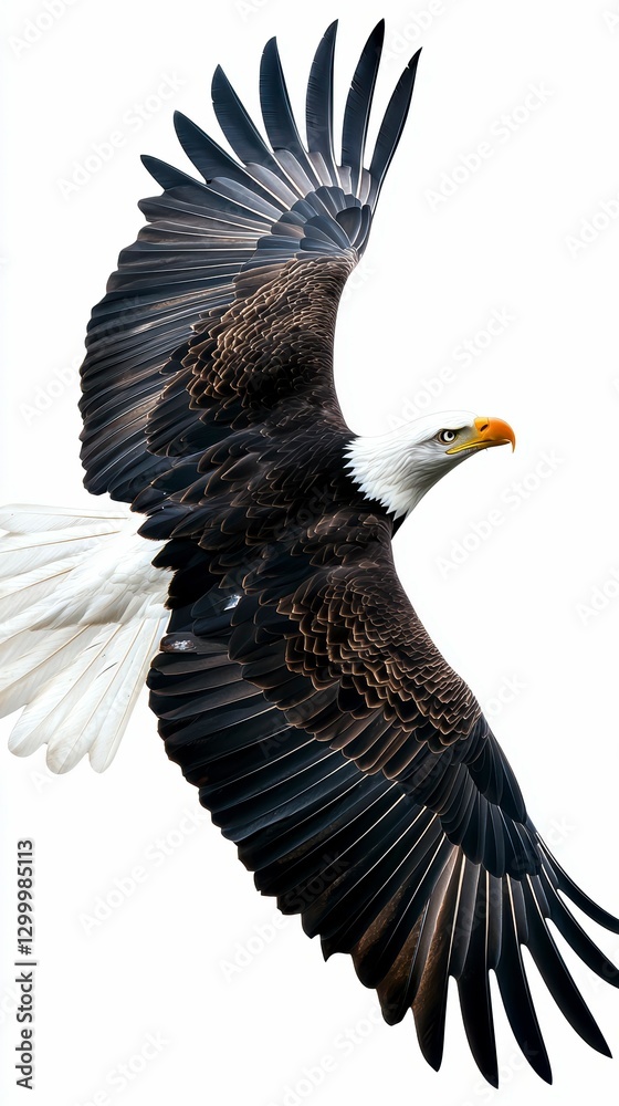 Obraz premium Bald Eagle Soaring High Elegantly Against a Clean White Backdrop Showing Power Freedom and Grace