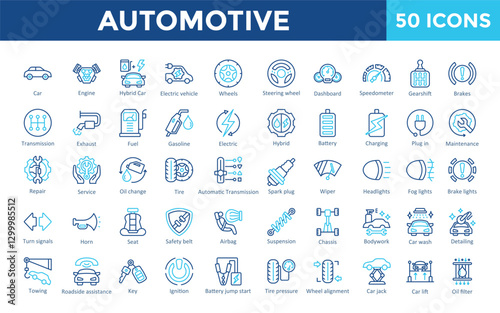 Automotive icon set with car, engine, hybrid car, electric vehicle, wheels, steering wheel, dashboard, speedometer, gearshift, brakes icon. Simple outline color vector 
