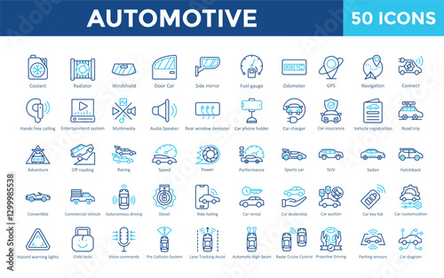 Automotive icon set with coolant, radiator, windshield, door car, side mirror, fuel gauge, odometer, gps, navigation icon. Simple outline color vector 
