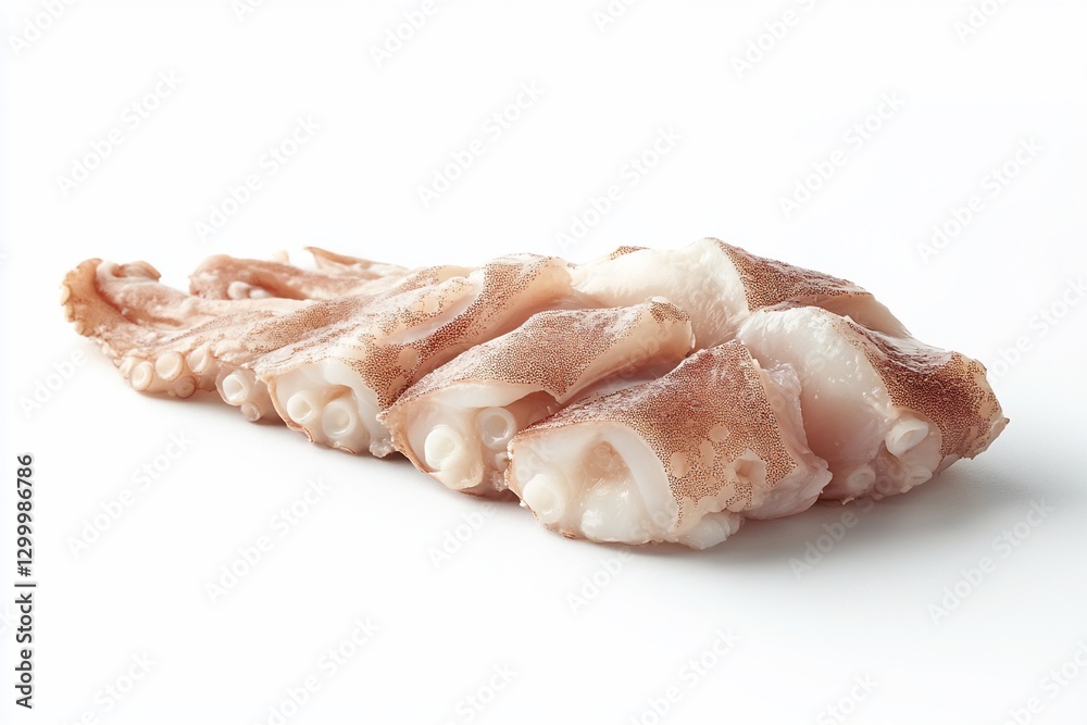 Close-up of fresh, raw octopus tentacles, sliced and arranged on a white background. Close-up of fresh, raw octopus tentacles, sliced and arranged on a white background.