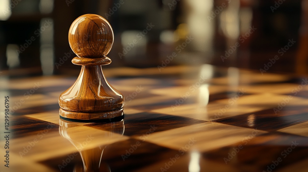 Close-up of a single wooden chess pawn on a polished chessboard. (2) Close-up of a single wooden chess pawn on a polished chessboard. (2)