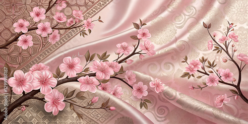 Pink silk background with exquisite and luxurious Thai patterns, corner decorated with pink cherry blossoms.