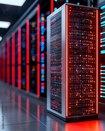 Modern Data Center Server Rack with Red and Blue Lighting