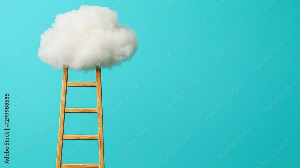 Wooden Ladder Reaching Up to White Cloud on Bright Blue Background Wooden Ladder Reaching Up to White Cloud on Bright Blue Background