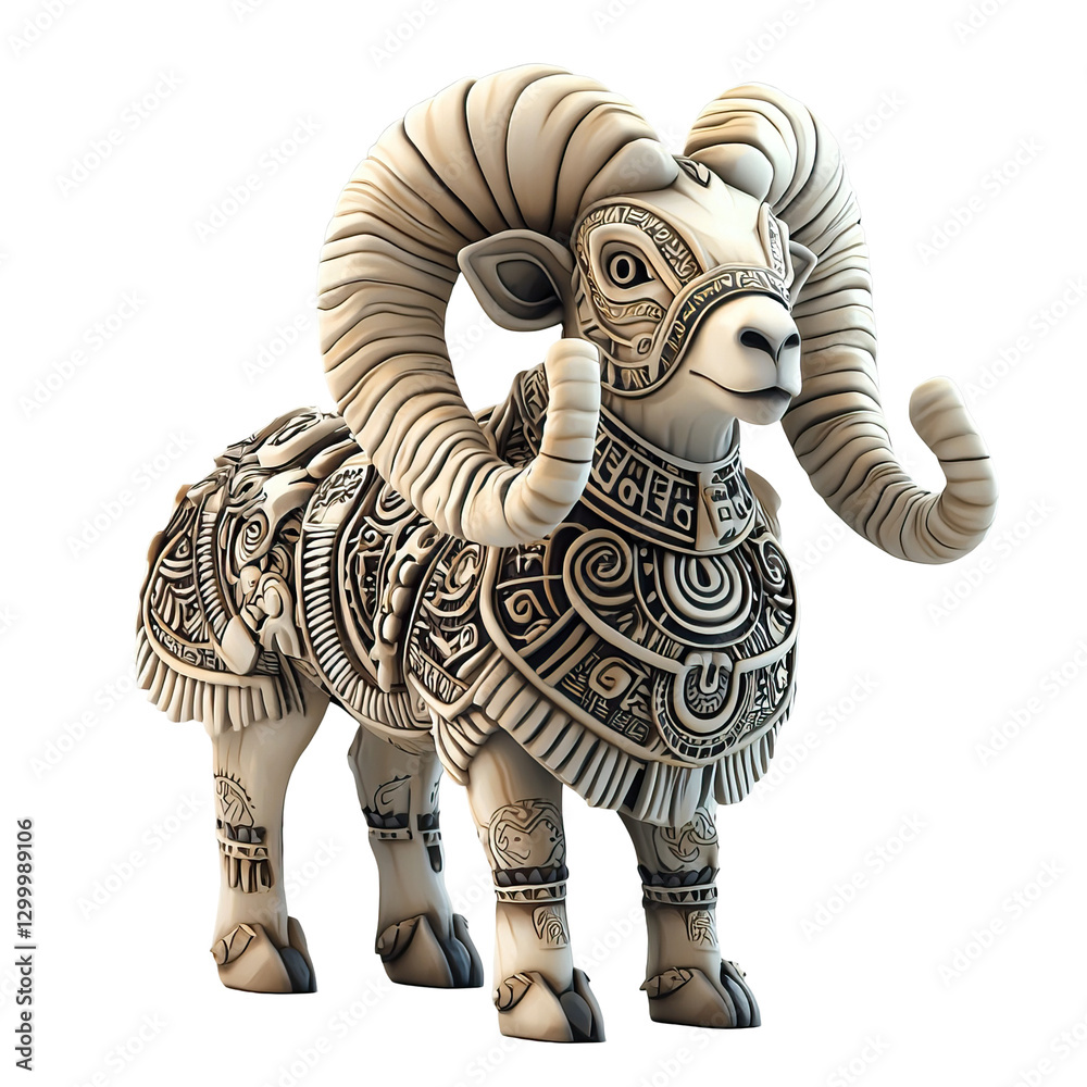 Obraz premium Cartoonish 3D Bighorn Sheep Sculpture with Aztec-Inspired Patterns in White Color