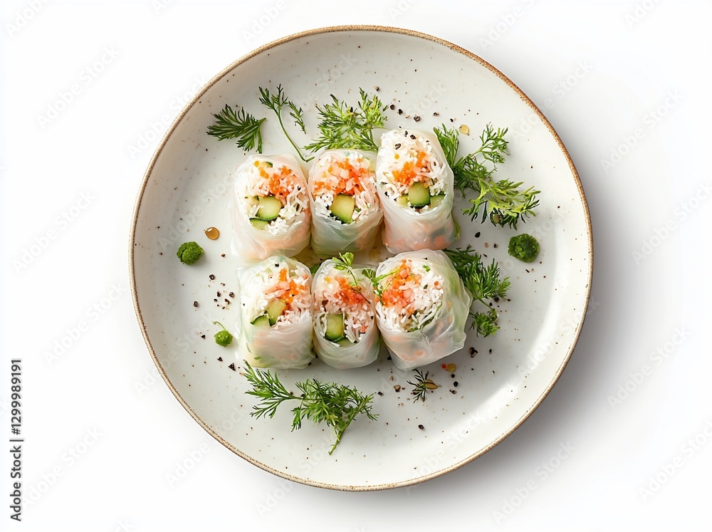 Overhead shot of six fresh spring rolls arranged on a speckled plate, garnished with herbs and spices. Overhead shot of six fresh spring rolls arranged on a speckled plate, garnished with herbs and spices.