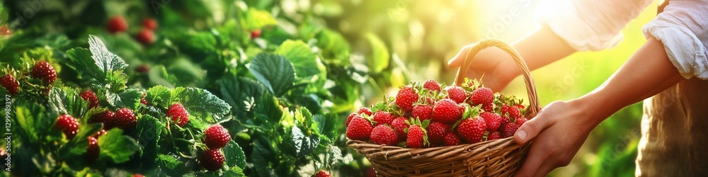 Farmer harvesting ripe red strawberries in a wicker basket from a lush strawberry patch. Farmer harvesting ripe red strawberries in a wicker basket from a lush strawberry patch.