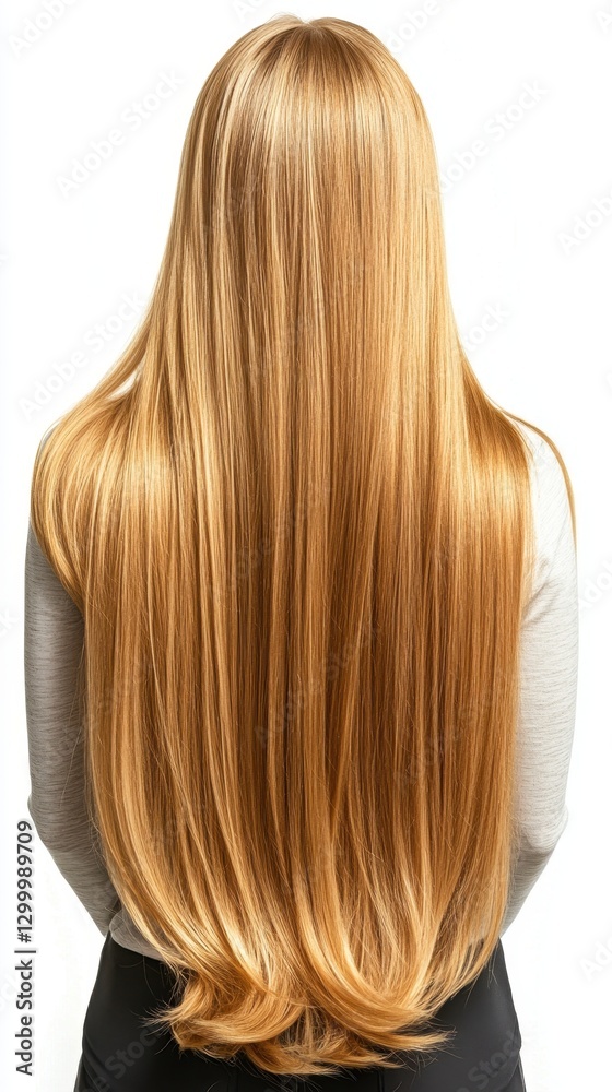 Fototapeta premium Beautiful model girl with blond hair strand,silky healthy chestnut wavy hair strand,hair wavy ribbon, with smooth,Keratin straightening,Treatment,straight long hair,procedures,Smooth hairstyle.