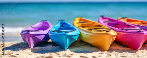 Colorful Kayaks Parked on Beach Near Turquoise Ocean Waters in Summer Under Blue Sky Outdoors