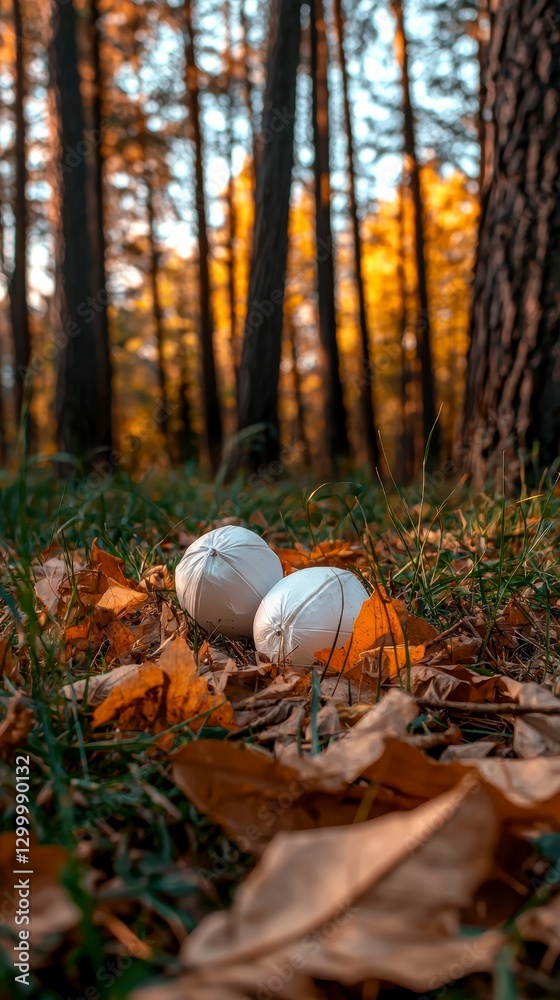 Obraz premium Enigmatic Spheres Amidst Autumnal Forest Floor Captivating Woodland Scene with Mysterious Objects