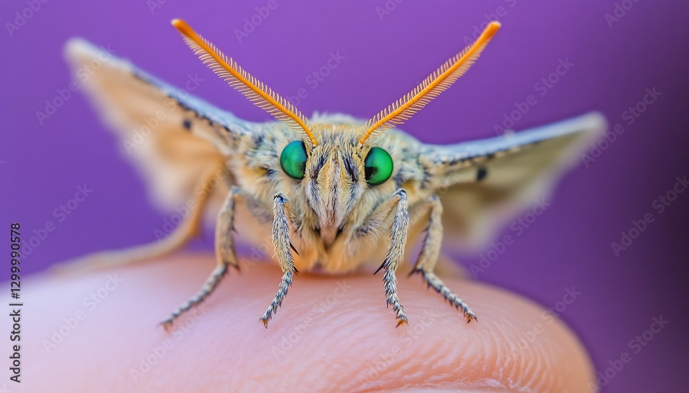 Fototapeta premium Close-up of a lime-green eyed moth perched on a finger against a purple background.