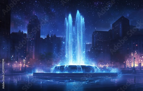 Glowing city fountain at night under starry sky.