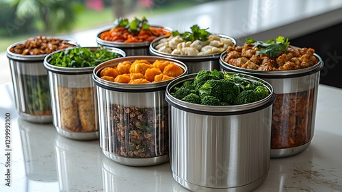 Variety of prepared meals in stainless steel containers on a kitchen counter photo