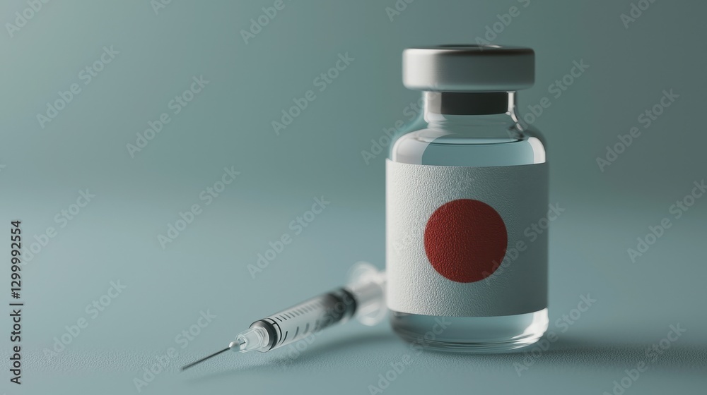 Vaccine bottle with syringe and Japanese flag design for healthcare Vaccine bottle with syringe and Japanese flag design for healthcare