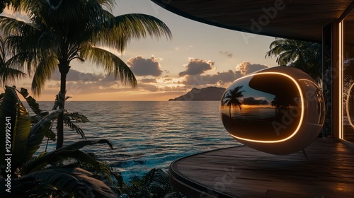 Futuristic travel agency packages for tropical getaways coastal resort visual art sunset panoramic view