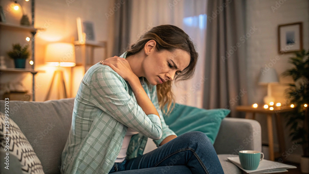 Obraz premium Beautiful young woman suffering from pain in shoulder at home