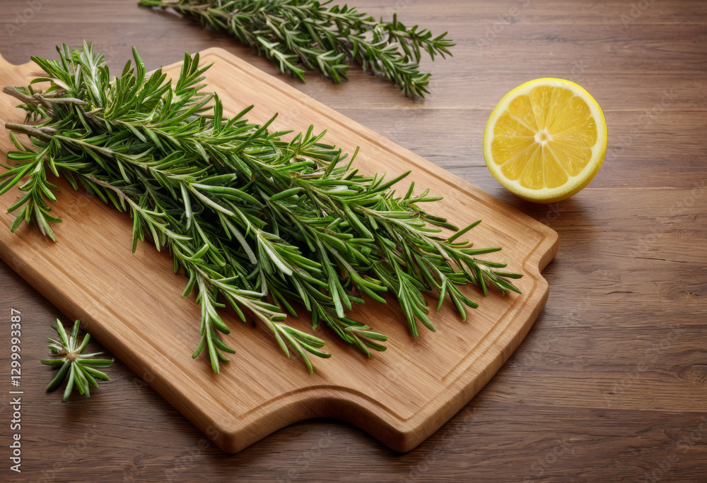 Fresh rosemary twigs are placed on the chopping board Fresh rosemary twigs are placed on the chopping board