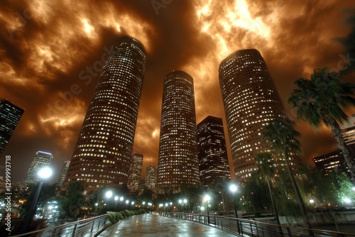 A major power outage in a city, leaving skyscrapers dark while emergency lights glow faintly