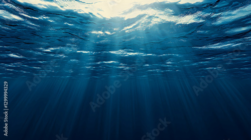 Stunning underwater scene showcasing sunbeams penetrating the ocean s depths  creating a mesmerizing play of light and shadow. Ideal for backgrounds or environmental themes.