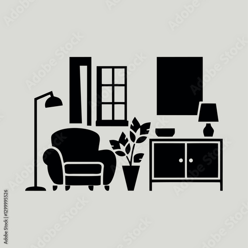 44.epsA stylish and modern interior design illustration featuring a cozy living space. The composition includes a comfortable armchair, a decorative sideboard with accessories, indoor plants, a table 