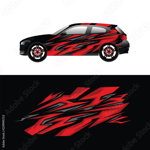 SUV car body background livery decal design with sharp line style in bright red color