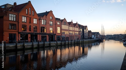Scenic Riverside Promenade With Beautiful Residential Buildings and Calm Water Reflections