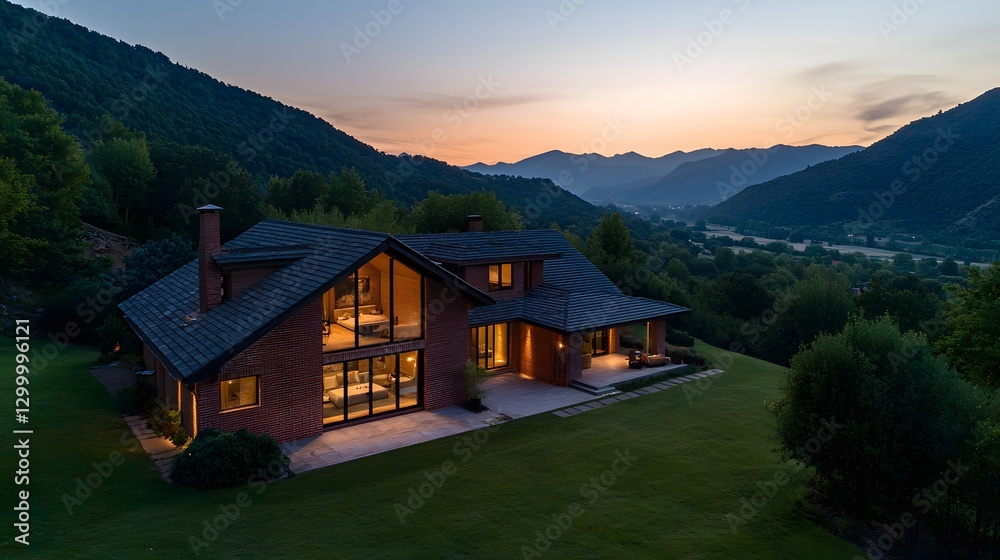 Obraz premium Secluded Luxury Brick Villa Nestled in Serene Mountains with Breathtaking Sunset Views