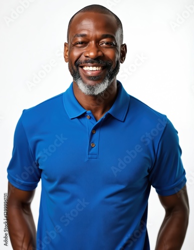 Smiling middle-aged African American man with beard in blue polo shirt on transparent backdrop. Mature male portrait, showing friendly confident casual attire. Happy man shows positive employee