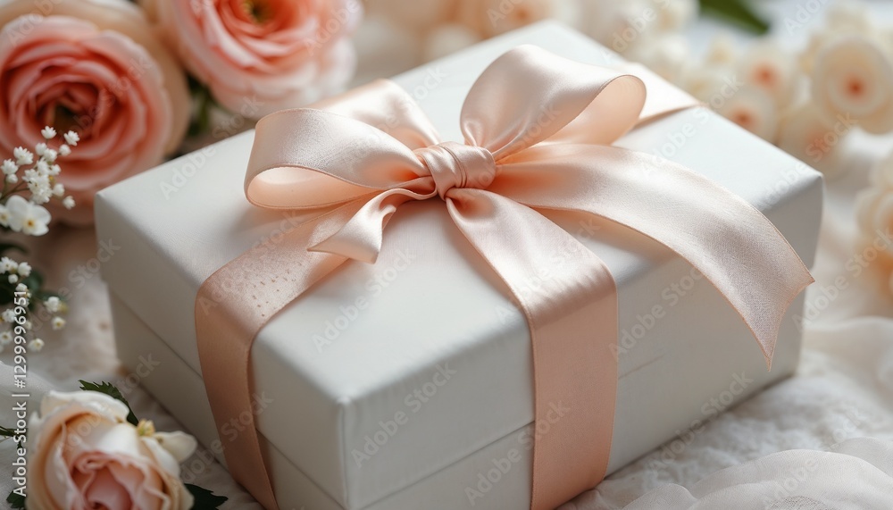 Elegant White Gift Box with Peach Ribbon and Romantic Rose Background Elegant White Gift Box with Peach Ribbon and Romantic Rose Background
