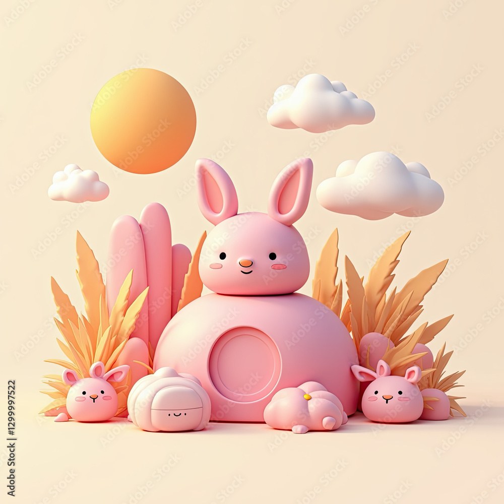 Obraz premium Cute Pink Bunny 3D Render, Cartoon Illustration - 3D rendering