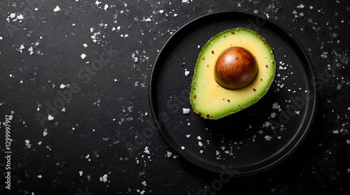 Sliced Avocado on a Black Plate with Sea Salt, Minimalist Food Photography