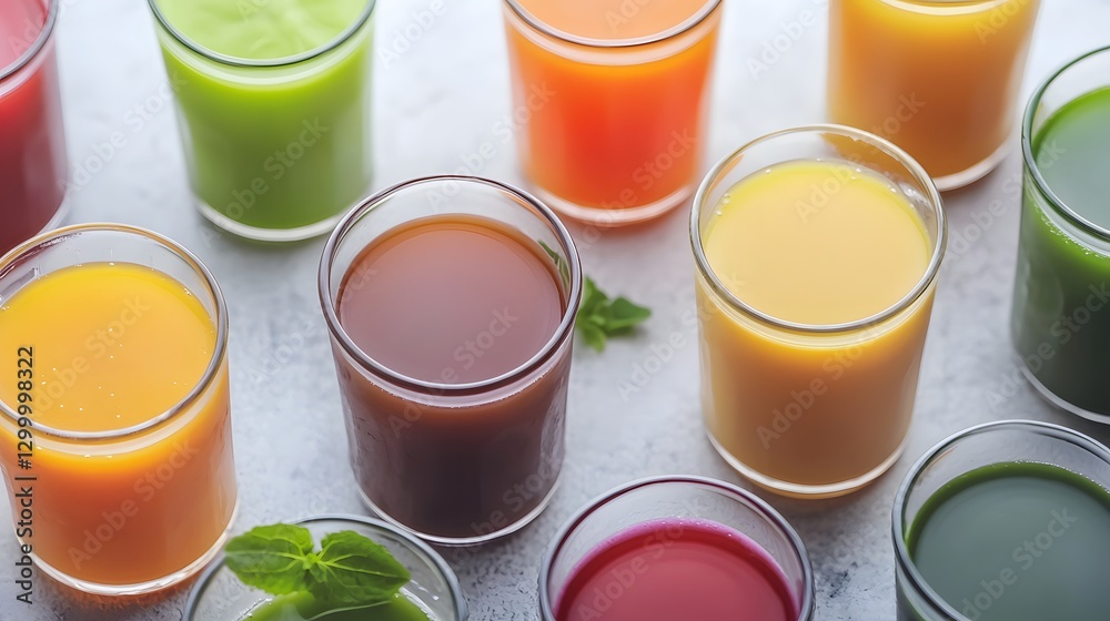 Colorful Juices Displayed in Glasses from a Top Down View at a Juice Bar Colorful Juices Displayed in Glasses from a Top Down View at a Juice Bar