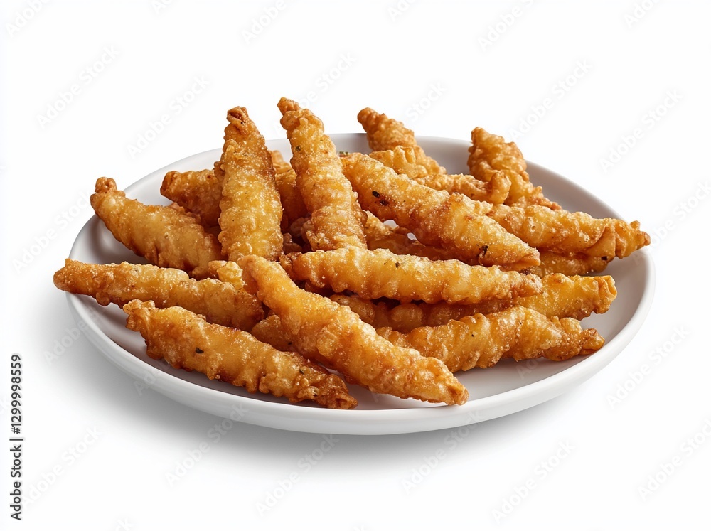 A plate of crispy, golden-brown fried shrimp on a white background. A plate of crispy, golden-brown fried shrimp on a white background.